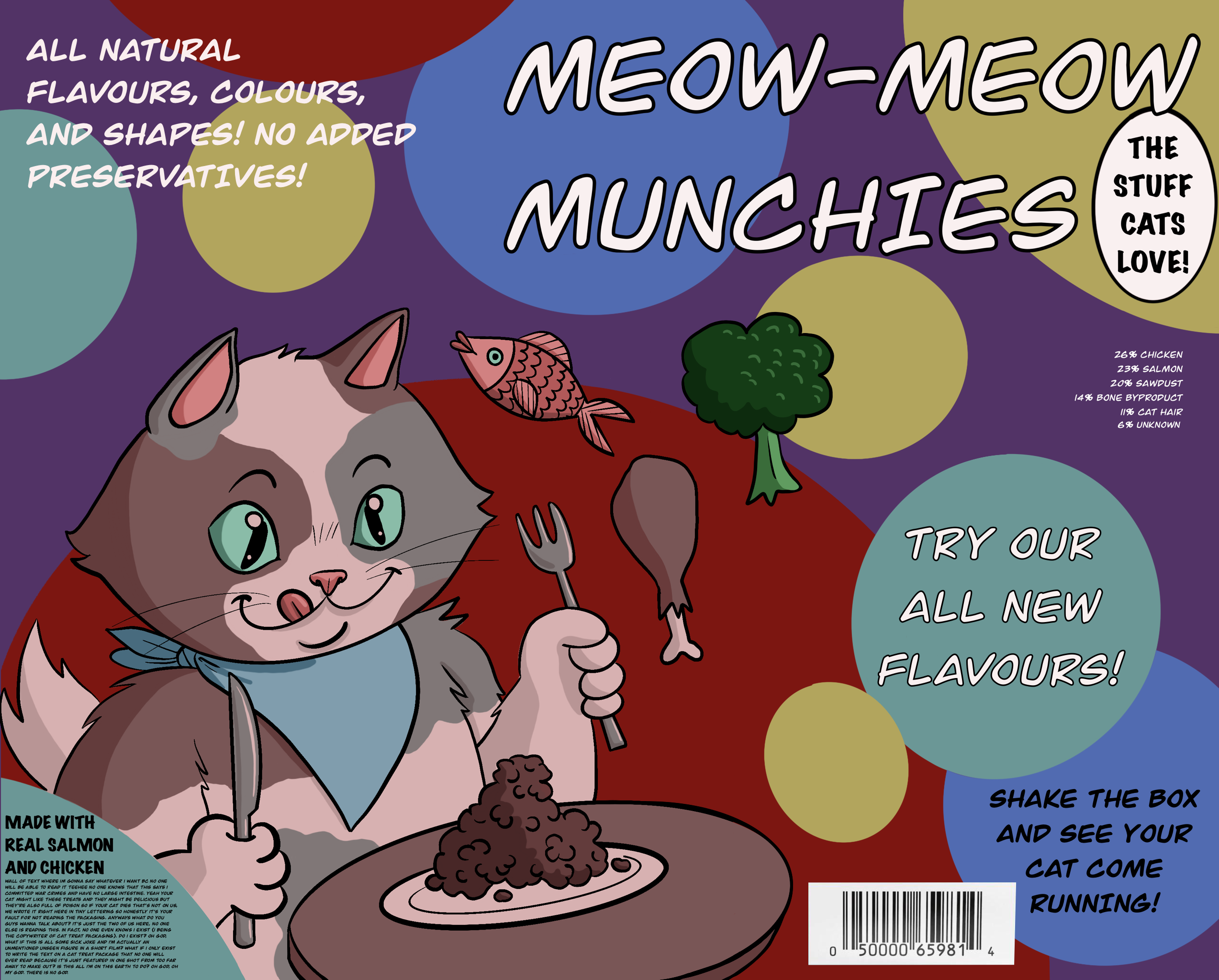 Fake cat treat label: Meow Meow Munchies